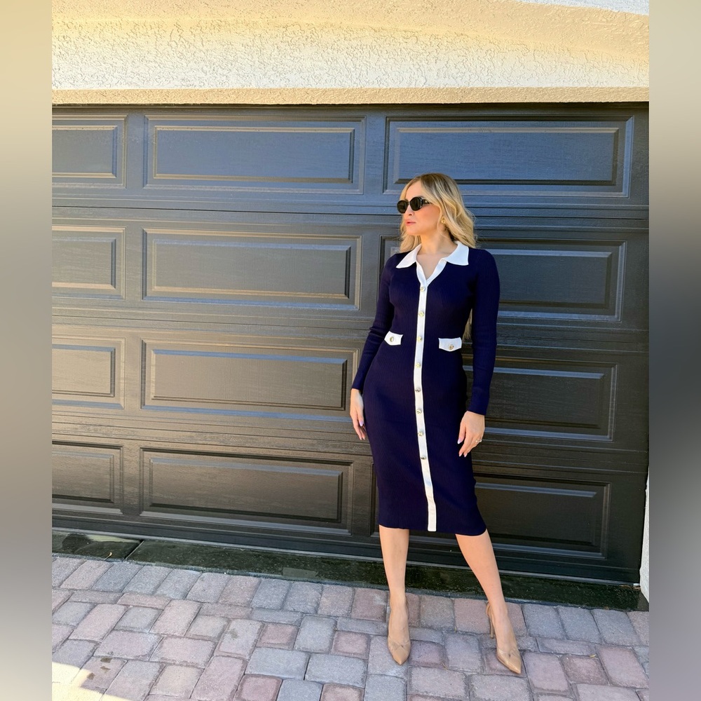 228 ‘Alex’ Elegant Navy Blue Button-Up Dress - Picture 7 of 8